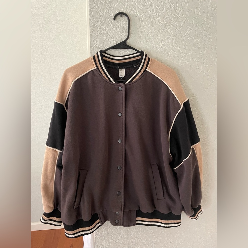H&M brown button up crew neck/letterman jacket size medium